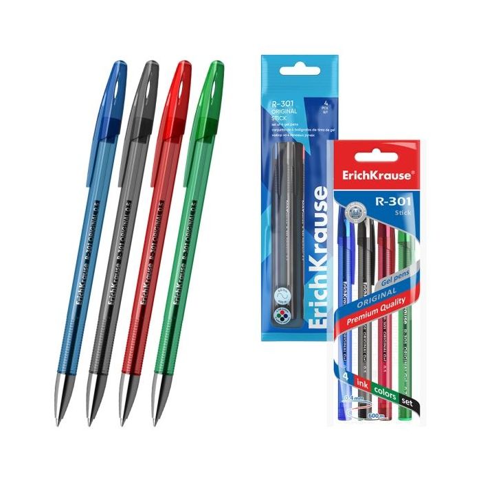 ErichKrause R-301 Gel Stick Original Pack de 4 Boligrafos con Capuchon - Punta de 0.5mm - Trazo 0.4mm - Tinta de Gel - Resistent