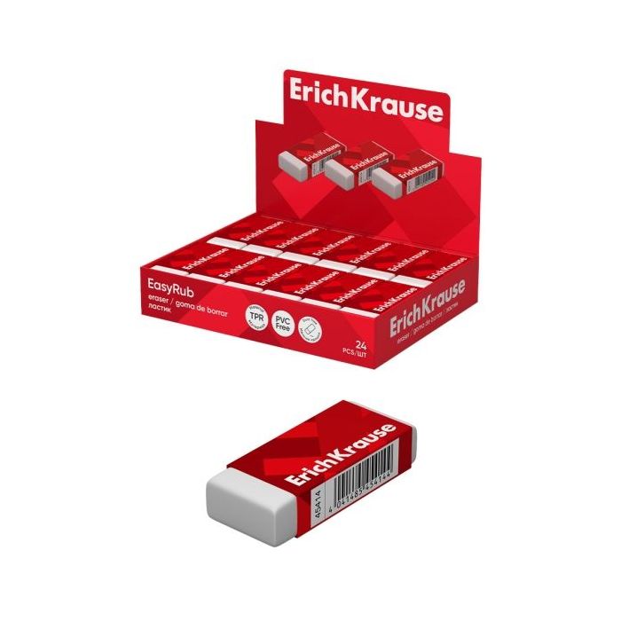 ErichKrause EasyRub Expositor con 24 Gomas de Borrar - Caucho Termoplastico - Hipoalergenico - Libre de PVC - Color Blanco