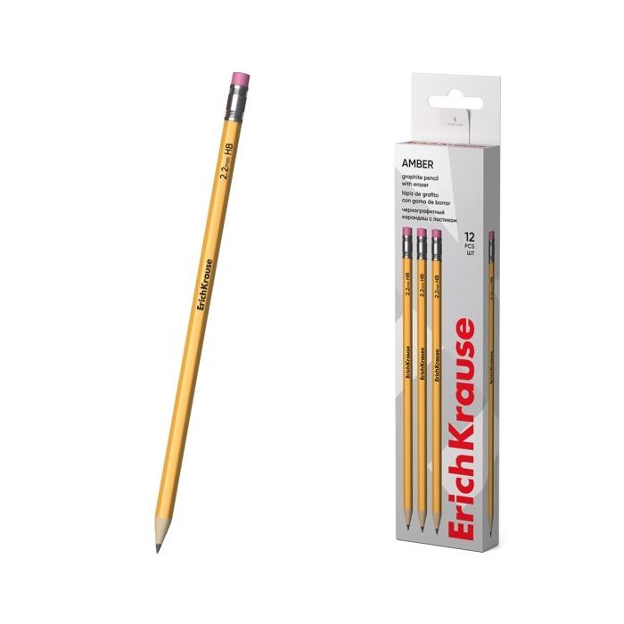 ErichKrause Amber 101 Pack de 12 Lapices de Grafito con Goma de Borrar - Mina HB - Cuerpo Hexagonal - Color Amarillo
