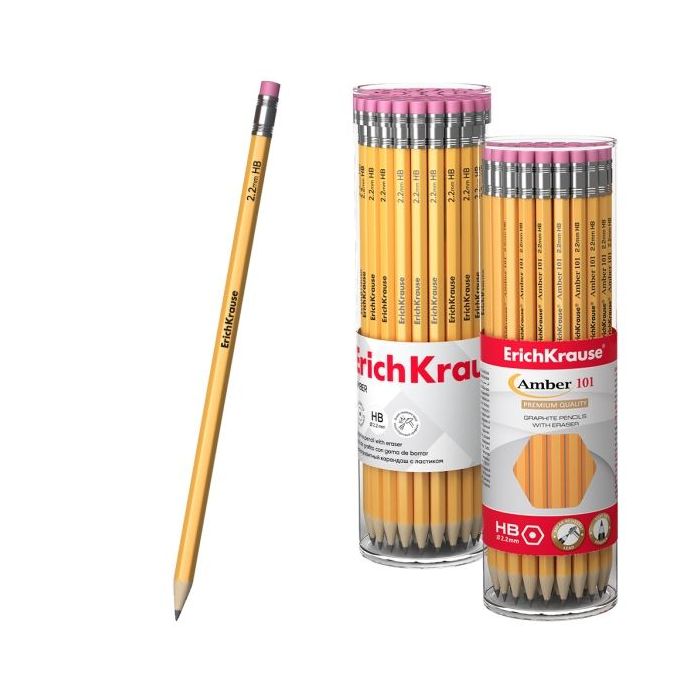 ErichKrause Amber 101 Lapiz de Grafito con Goma de Borrar - Mina HB - Cuerpo Hexagonal - Color Amarillo