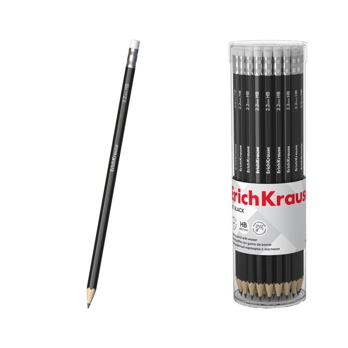 ErichKrause Jet Black 101 Lapiz de Grafito con Goma de Borrar - Mina HB - Cuerpo Hexagonal - Color Negro