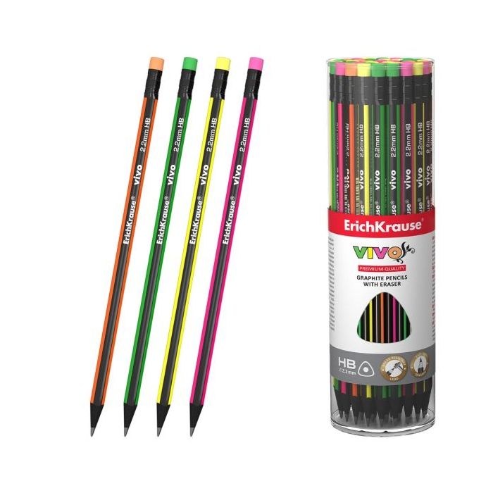 ErichKrause VIVO Lapiz de Grafito con Goma de Borrar - Mina HB - Cuerpo Triangular - Facil Afilado - Agarre Ergonomico - Colores