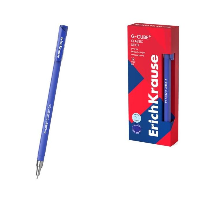 ErichKrause G-Cube Stick Classic Boligrafo con Capuchon - Punta de 0.5mm - Trazo 0.4mm - Tinta de Gel - Resistente al Agua - Sec