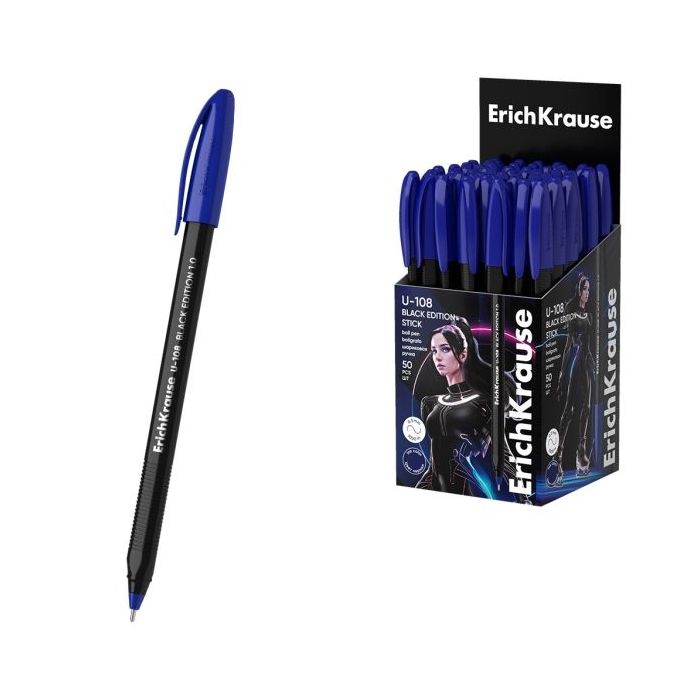 ErichKrause U-108 Stick Black Edition Boligrafo con Capuchon - Punta de 1.0mm - Cuerpo Opaco Negro - Trazo 0.3mm - Tinta de Baja