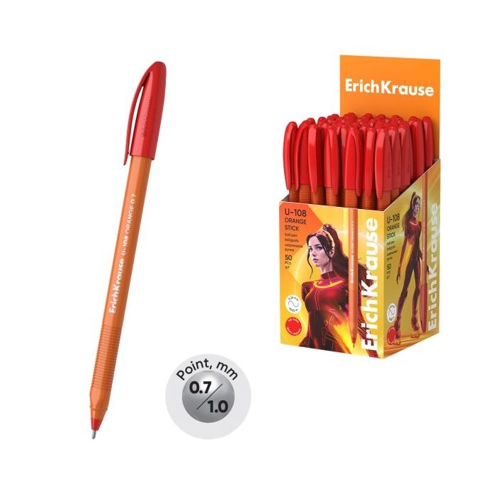 ErichKrause U-108 Stick Orange Boligrafo con Capuchon - Punta de 0.7mm - Cuerpo Opaco Naranja - Trazo 0.26mm - Tinta de Baja Vis