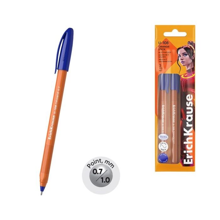 ErichKrause U-108 Stick Orange Pack de 3 Boligrafos con Capuchon - Punta de 0.7mm - Cuerpo Opaco Naranja - Trazo 0.26mm - Tinta