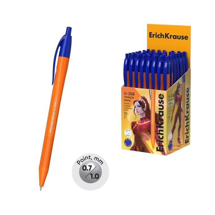 ErichKrause U-208 Matic Orange Boligrafo Retractil - Punta de 0.7mm - Cuerpo Opaco Naranja - Trazo 0.26mm - Color Azul