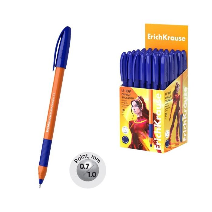 ErichKrause U-109 Stick and Grip Orange Boligrafo con Capuchon - Punta de 0.7mm - Cuerpo Opaco Naranja - Trazo 0.26mm - Zona de