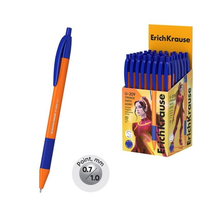 ErichKrause U-209 Matic and Grip Orange Boligrafo Retractil - Punta de 0.7mm - Cuerpo Opaco Naranja - Trazo 0.26mm - Zona de Aga