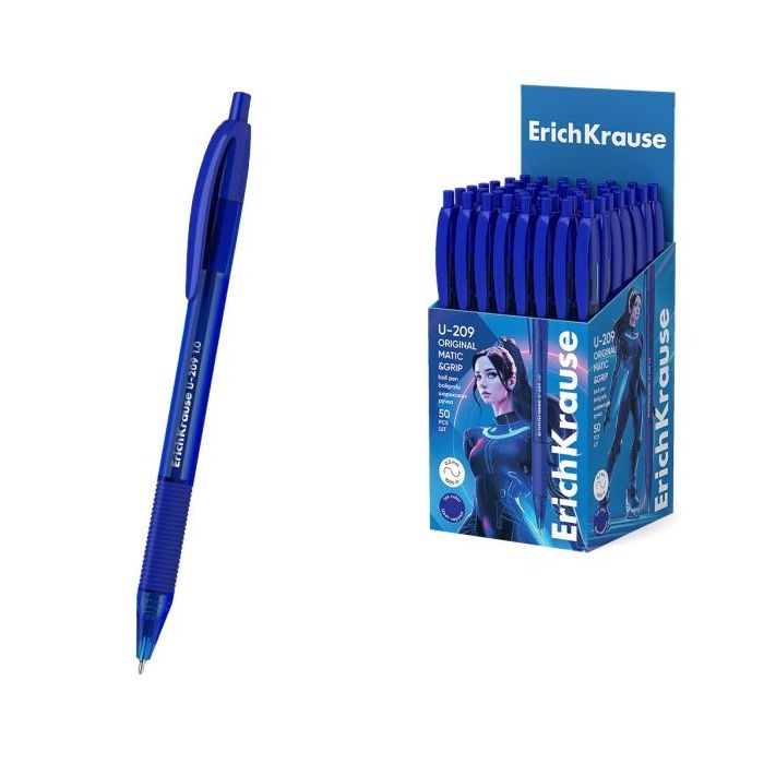 ErichKrause U-209 Matic and Grip Original Boligrafo Retractil - Punta de 1.0mm - Trazo 0.3mm - Zona de Agarre de Goma - Color Az