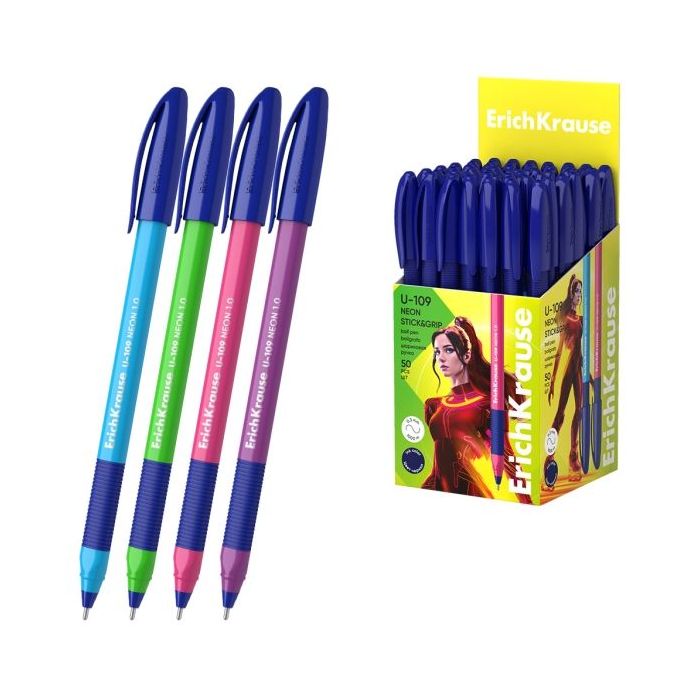 ErichKrause U-109 Stick and Grip Neon Boligrafo con Capuchon - Modelos Surtidos - Trazo 0.3mm - Zona de Agarre de Goma - Tinta d