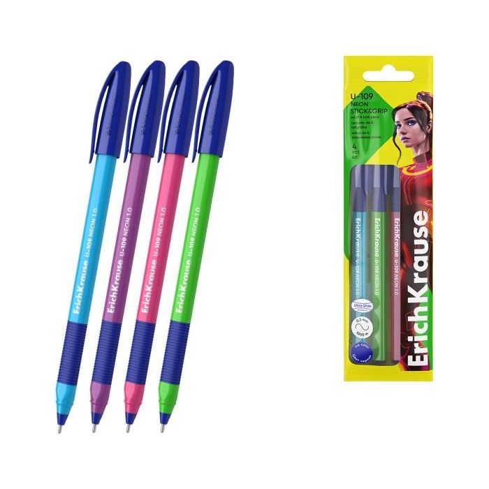 ErichKrause U-109 Stick and Grip Neon Pack de 4 Boligrafos con Capuchon - Modelos Surtidos - Trazo 0.3mm - Zona de Agarre de Gom