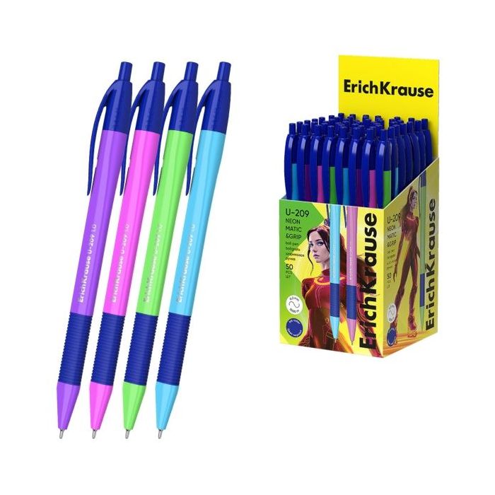 ErichKrause U-209 Matic and Grip Neon Boligrafo Retractil - Modelos Surtidos - Trazo 0.3mm - Zona de Agarre de Goma - Color Azul