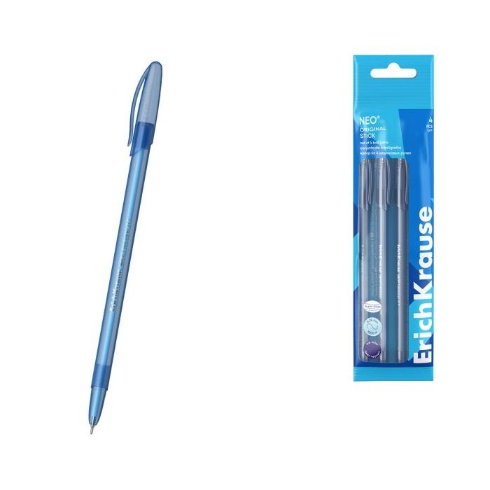 ErichKrause Neo Stick Original Pack de 4 Boligrafos con Capuchon - Punta de Aguja 0.7mm - Cuerpo Transparente - Trazo 0.26mm - T