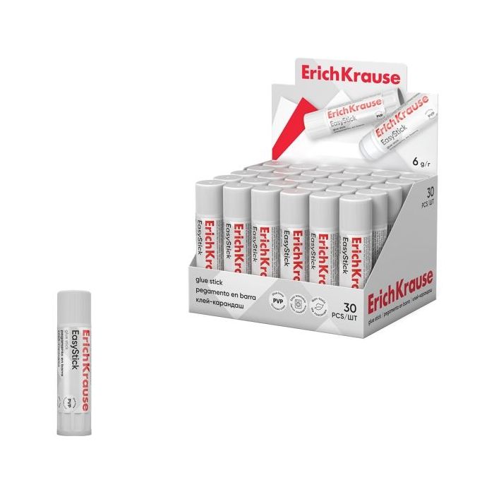 ErichKrause EasyStick Expositor con 30 Pegamentos en Barra - 6g - No Toxico - Secado Rapido - sin Disolventes - Multisuperficie