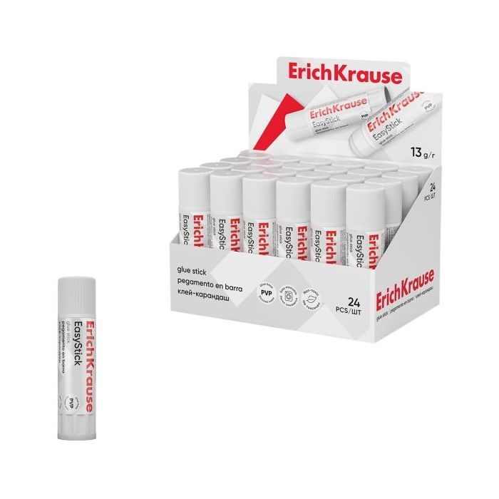 ErichKrause EasyStick Expositor con 24 Pegamentos en Barra - 13g - No Toxico - Secado Rapido - sin Disolventes - Multisuperficie