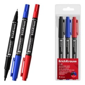 ErichKrause Double P-80 Pack de 3 Rotuladores Permanentes - Punta de Bala de 1.65mm - Punta de Aguja de 0.45mm - Resistente al A