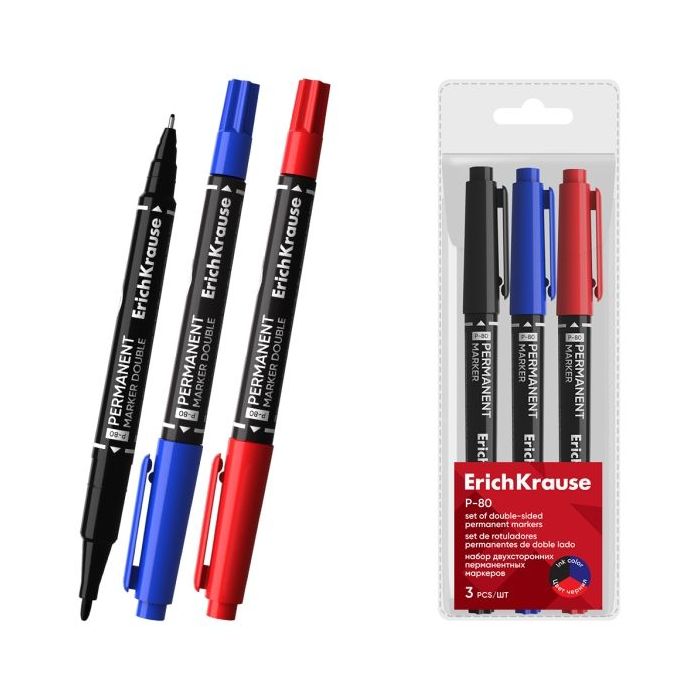 ErichKrause Double P-80 Pack de 3 Rotuladores Permanentes - Punta de Bala de 1.65mm - Punta de Aguja de 0.45mm - Resistente al A