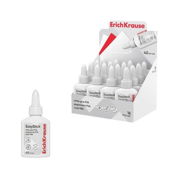 ErichKrause EasyStick Expositor con 16 Botellas de Cola Blanca PVA - 40ml - No Toxico - sin Disolventes - Multisuperficie - Colo