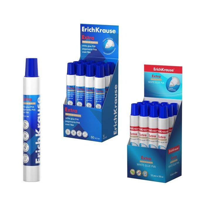 ErichKrause Extra Expositor con 12 Botellas de Cola Blanca PVA - 50ml - No Toxico - sin Disolventes - Multisuperficie - Color Bl