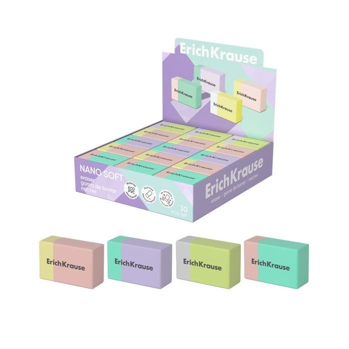 ErichKrause Nano Soft Expositor con 30 Gomas de Borrar - PVC Ecologico - Hipoalergenico - No Deja Residuos - Borrado Suave - Col