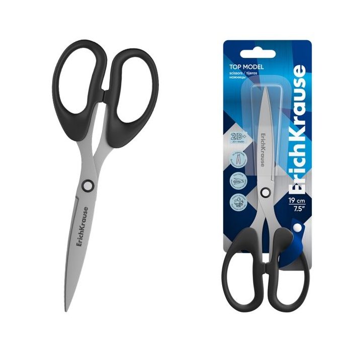 ErichKrause Top Model Tijeras de 19cm - Cuchillas en Forma de Arco - Mangos de Plastico Resistente a Golpes - Afilado Doble - Ac