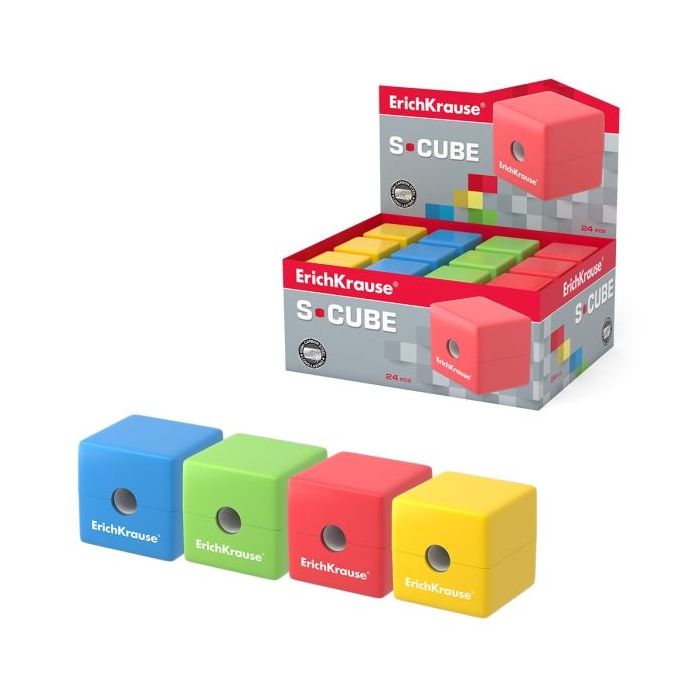 ErichKrause S-Cube Neon Expositor con 24 Sacapuntas con Contenedor - Plastico - Cuchilla Niquelada de Acero al Carbono - Orifici