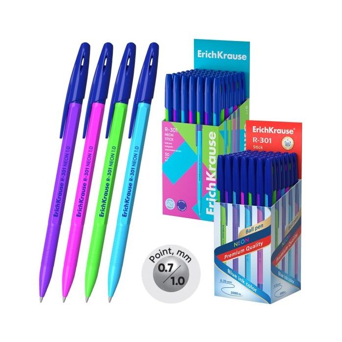 ErichKrause R-301 Stick Neon Boligrafo con Capuchon - Modelos Surtidos - Trazo 0.5mm - Tinta de Secado Rapido - Tapa Ventilada -