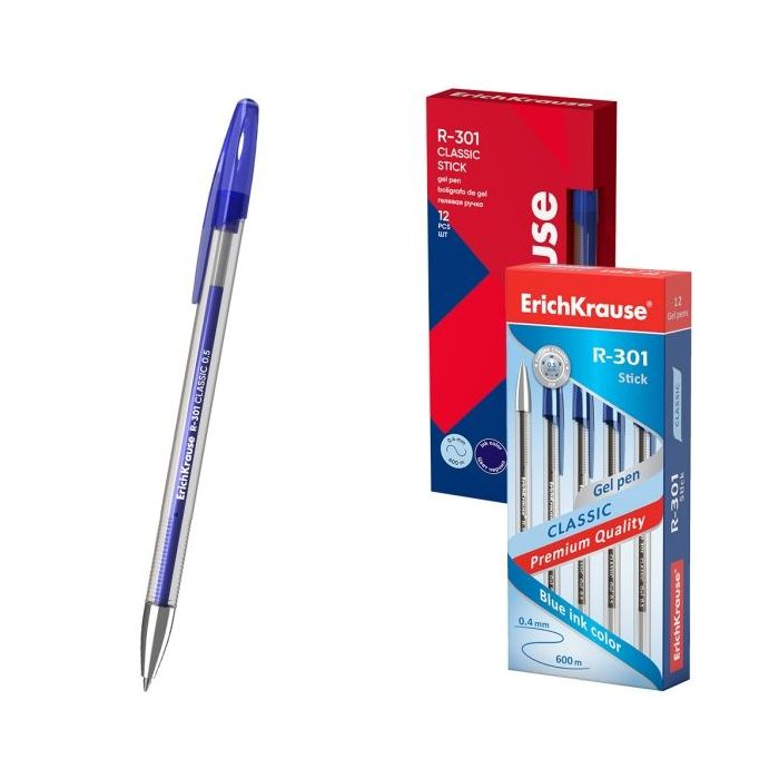 ErichKrause R-301 Gel Stick Classic Pack de 12 Boligrafos con Capuchon - Punta de 0.5mm - Trazo 0.4mm - Tinta de Gel - Resistent