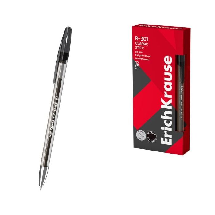 ErichKrause R-301 Gel Stick Classic Pack de 12 Boligrafos con Capuchon - Punta de 0.5mm - Trazo 0.4mm - Tinta de Gel - Resistent