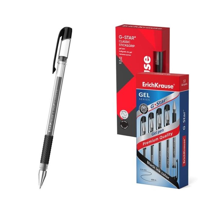ErichKrause G-Star Stick and Grip Classic Boligrafo con Capuchon - Punta de 0.5mm - Trazo 0.3mm - Tinta de Gel - Resistente al A