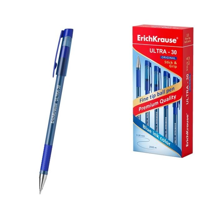 ErichKrause ULTRA-30 Stick and Grip Original Boligrafo con Capuchon - Punta de Aguja 0.7mm - Cuerpo Transparente - Trazo 0.26mm