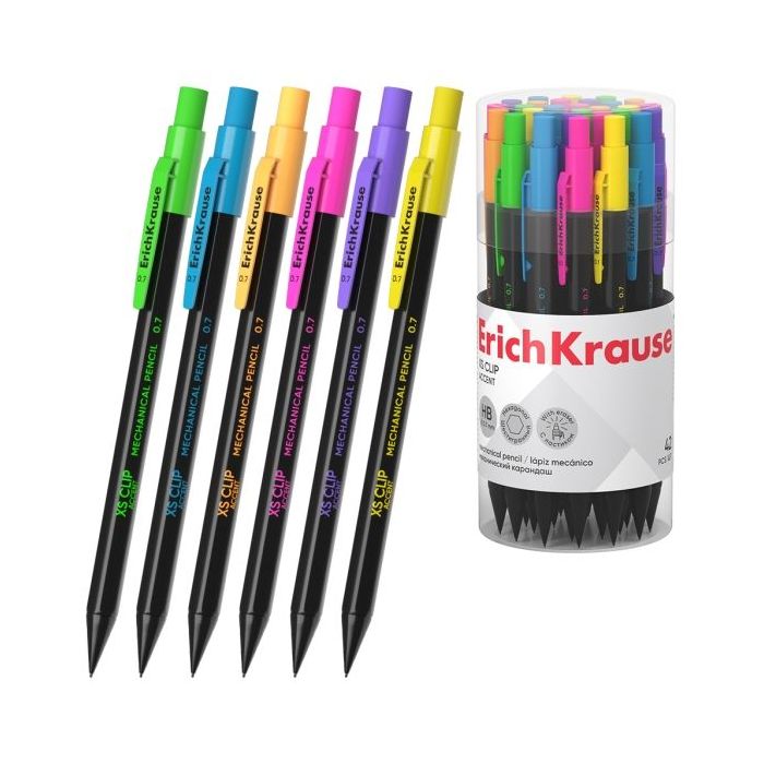 ErichKrause XS Clip Accent Portaminas - Mina HB de 0.7mm - Goma de Borrar Integrada - Cuerpo Hexagonal - Colores Surtidos