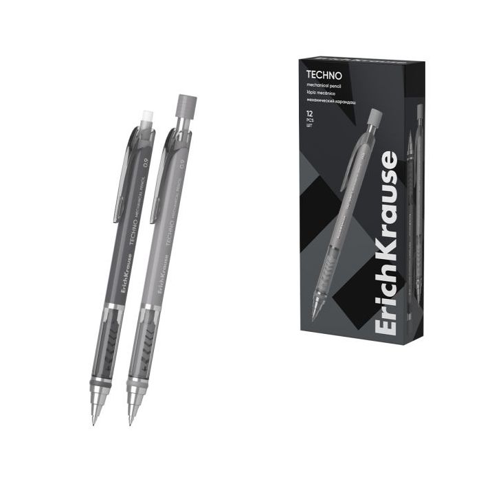 ErichKrause Techno Portaminas - Mina HB de 0.9mm - Goma de Borrar Integrada - Pinza - Cuerpo Redondo - Colores Surtidos