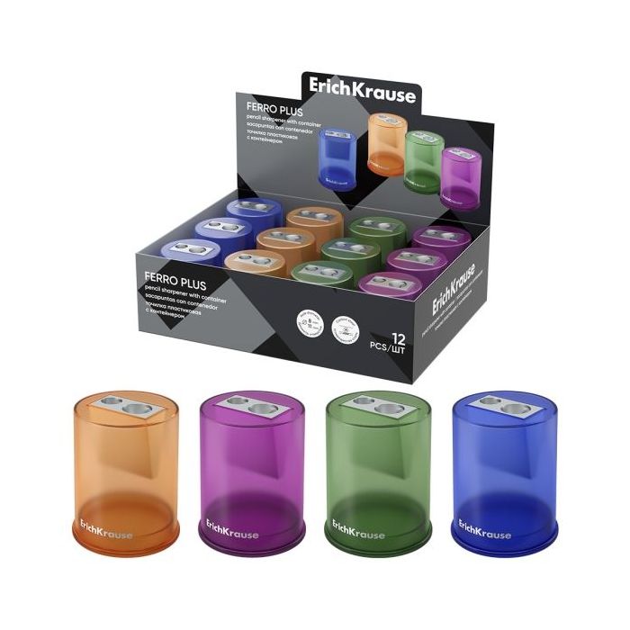 ErichKrause Ferro Container Plus Expositor con 12 Sacapuntas con Contenedor - Metalico - 2 Orificios de 8 y 11mm - Cuchilla Niqu