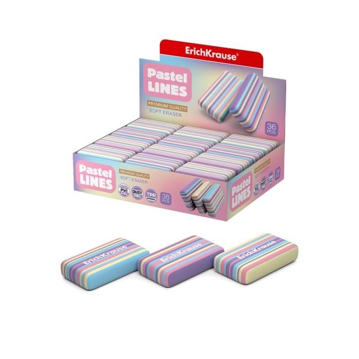 ErichKrause Pastel Lines Expositor con 36 Gomas de Borrar - Caucho Termoplastico - No Deja Residuos - No Rasga el Papel - Libre