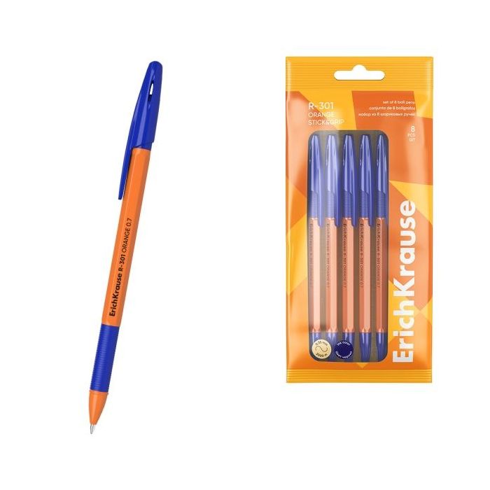 ErichKrause R-301 Stick and Grip Orange Pack de 8 Boligrafos con Capuchon - Punta de 0.7mm - Cuerpo Opaco Naranja - Trazo 0.35mm