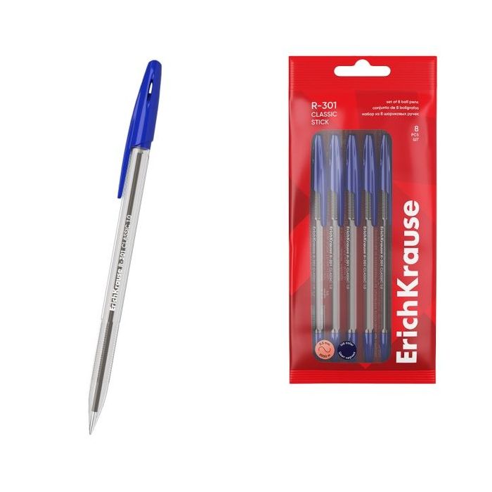 ErichKrause R-301 Stick Classic Pack de 8 Boligrafos con Capuchon - Punta de 1.0mm - Cuerpo Transparente - Trazo 0.5mm - Tinta d