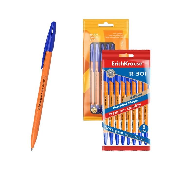 ErichKrause R-301 Stick Orange Pack de 8 Boligrafos con Capuchon - Punta de 0.7mm - Cuerpo Opaco Naranja - Trazo 0.35mm - Color