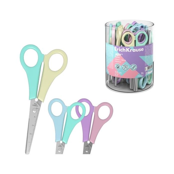 ErichKrause JOY Pastel Expositor con 24 Tijeras de 13.5cm - Puntas Redondeadas - Regla de 5cm en la Hoja - Mangos de Plastico Re