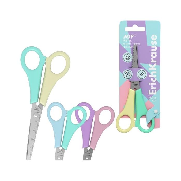 ErichKrause JOY Pastel Tijeras de 13.5cm - Puntas Redondeadas - Regla de 5cm en la Hoja - Mangos de Plastico Resistente a Golpes