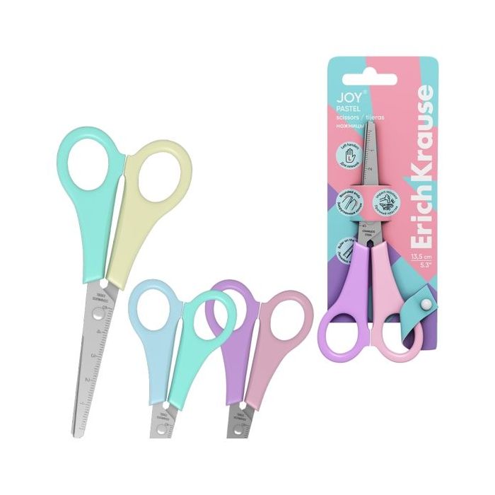 ErichKrause JOY Pastel Tijeras de 13.5cm para Zurdos - Puntas Redondeadas - Mangos de Plastico Resistente a Golpes - Acero Inoxi