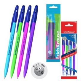 ErichKrause R-301 Stick Neon Pack de 4 Boligrafos con Capuchon - Modelos Surtidos - Trazo 0.35mm - Tinta de Secado Rapido - Colo