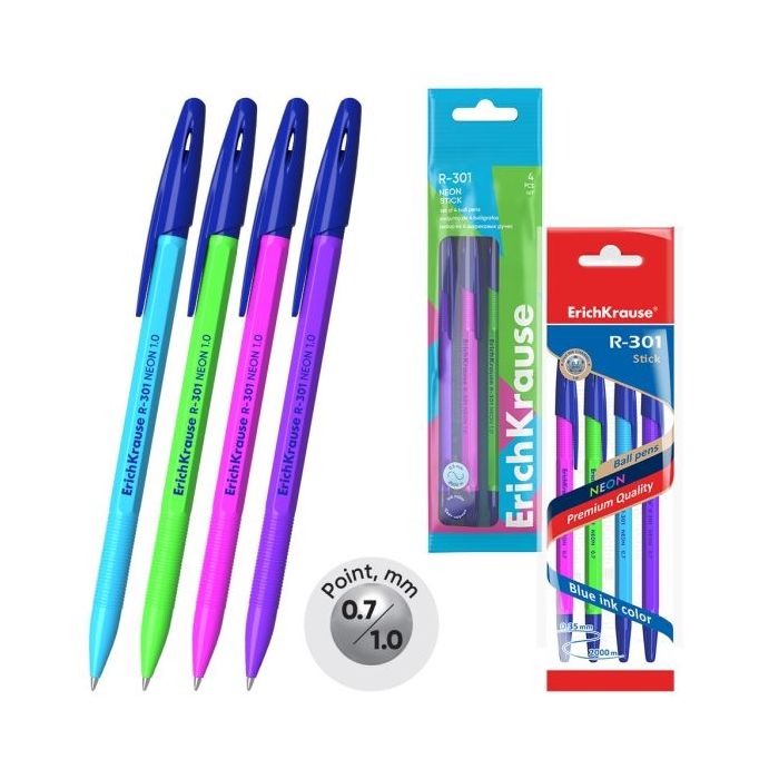 ErichKrause R-301 Stick Neon Pack de 4 Boligrafos con Capuchon - Modelos Surtidos - Trazo 0.35mm - Tinta de Secado Rapido - Colo