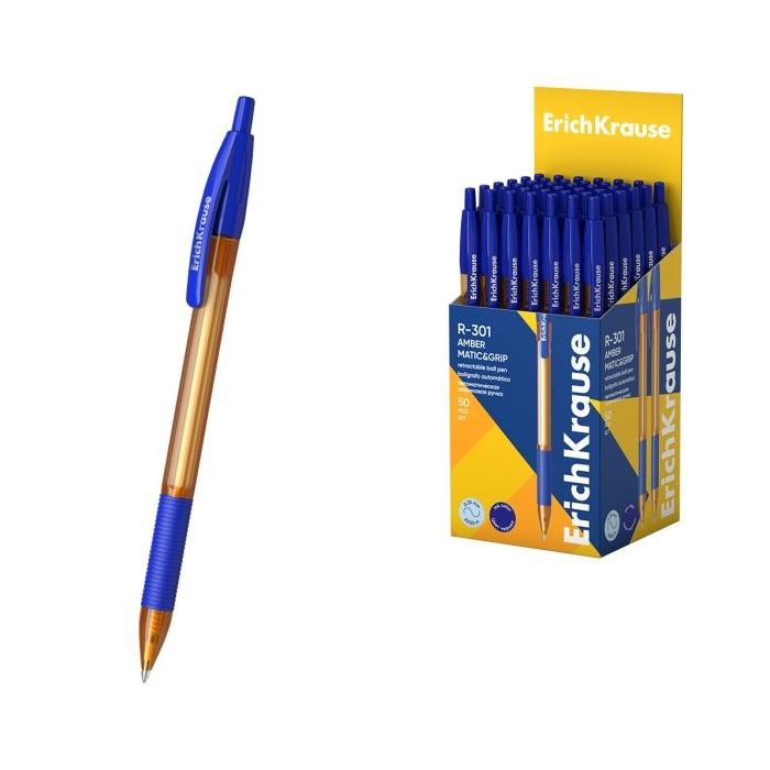 ErichKrause R-301 Matic and Grip Amber Boligrafo Retractil - Punta de 0.7mm - Trazo 0.35mm - Zona de Agarre de Goma - Color Azul
