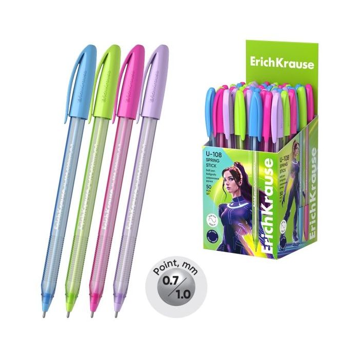 ErichKrause U-108 Stick Spring Boligrafo con Capuchon - Modelos Surtidos - Trazo 0.26mm - Tinta de Baja Viscosidad - Tapa Ventil