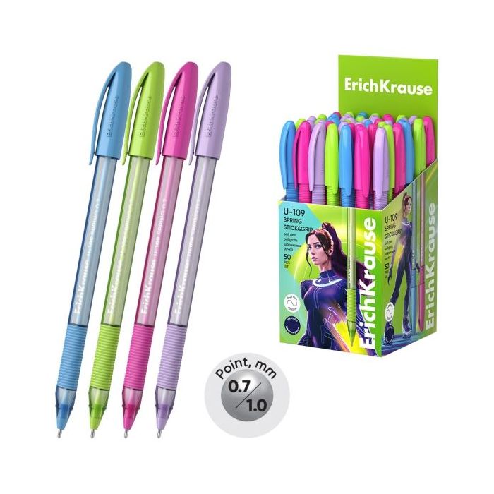 ErichKrause U-109 Stick and Grip Spring Boligrafo con Capuchon - Modelos Surtidos - Trazo 0.3mm - Zona de Agarre de Goma - Tinta