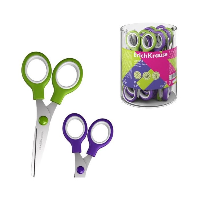 ErichKrause Junior Tijeras de 13cm - Puntas Redondeadas - Mangos de Plastico Resistente a Golpes - Acero Inoxidable - Ergonomica