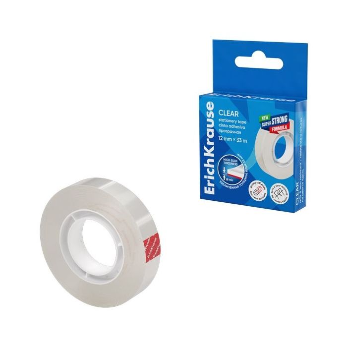 ErichKrause Clear Cinta Adhesiva - Alta Adhesion - 12mm de Ancho - 33 Metros - Resistente a la Luz - Color Transparente
