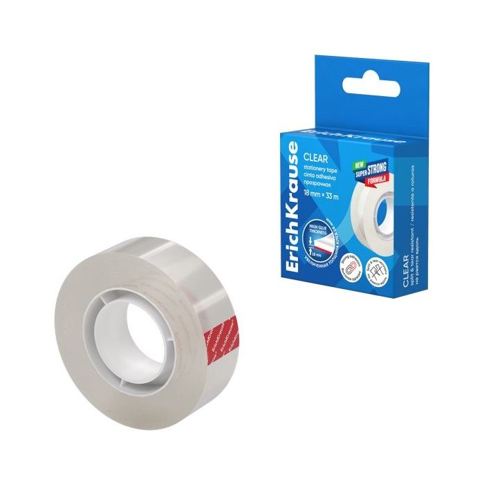 ErichKrause Clear Cinta Adhesiva - Alta Adhesion - 18mm de Ancho - 33 Metros - Resistente a la Luz - Color Transparente